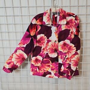 Chico's Tropical Floral Hot Pink, Burgundy and Cream Jean Style Jacket Size 8/10